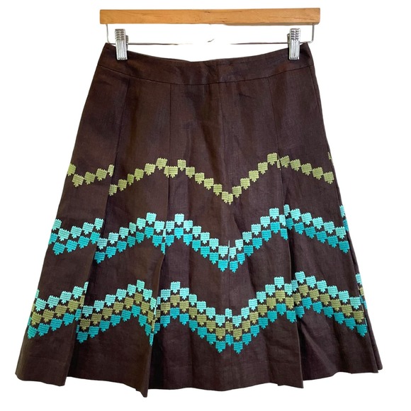 Ann Taylor LOFT Women's Sz 0P Linen Pleated Flare Skirt Chevron Embroidered - Picture 1 of 10